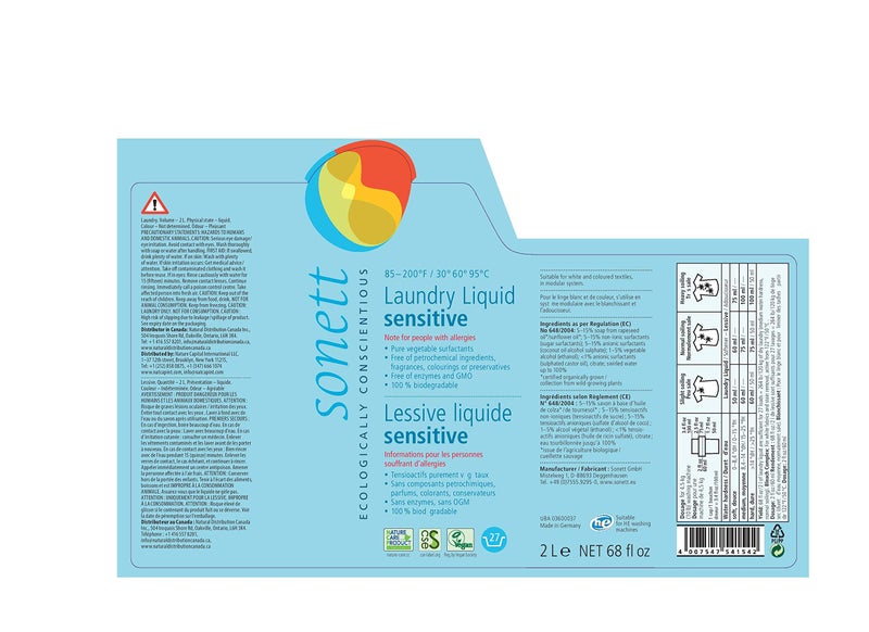 Sonett Organic Laundry Liquid Detergents, Sensitive (1 Count) For People With Allergies GMO Free Certified Organically Grown - Image 1